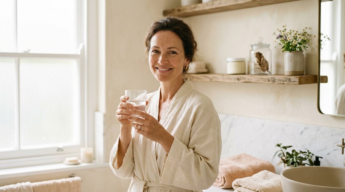 Femme souriante dans sa salle de bain le matin